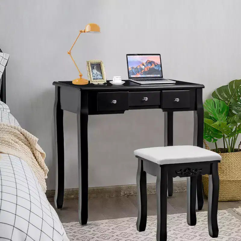 Costway Vanity Trucchi Gioielli Legno Set Toeletta Comò Sgabello Specchio & 5 Cassetti Nero