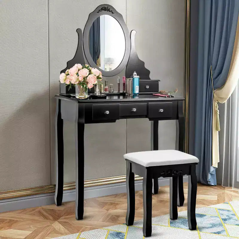 Costway Vanity Trucchi Gioielli Legno Set Toeletta Comò Sgabello Specchio & 5 Cassetti Nero