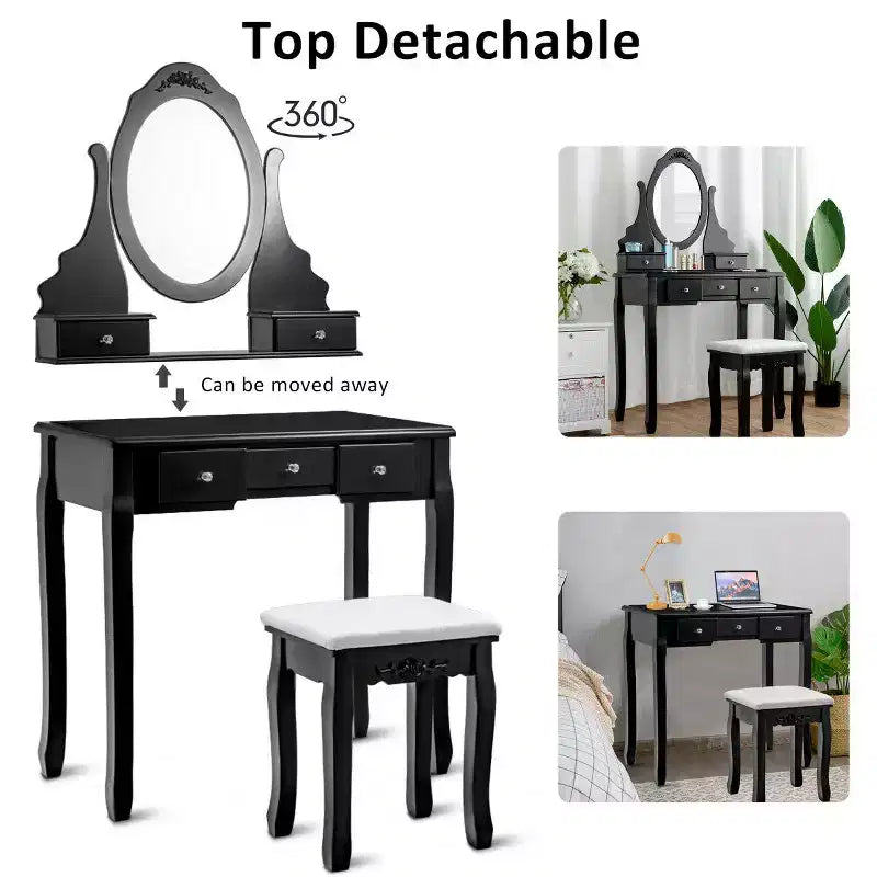 Costway Vanity Trucchi Gioielli Legno Set Toeletta Comò Sgabello Specchio & 5 Cassetti Nero