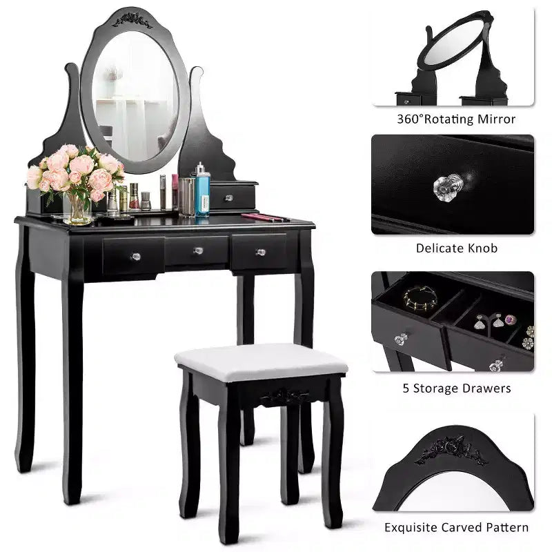 Costway Vanity Trucchi Gioielli Legno Set Toeletta Comò Sgabello Specchio & 5 Cassetti Nero
