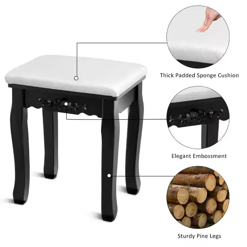 Costway Vanity Trucchi Gioielli Legno Set Toeletta Comò Sgabello Specchio & 5 Cassetti Nero