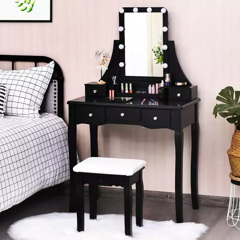 Costway Vanity Dressing Table Set w/Removable Box &10 Dimmable Bulbs Touch Switch