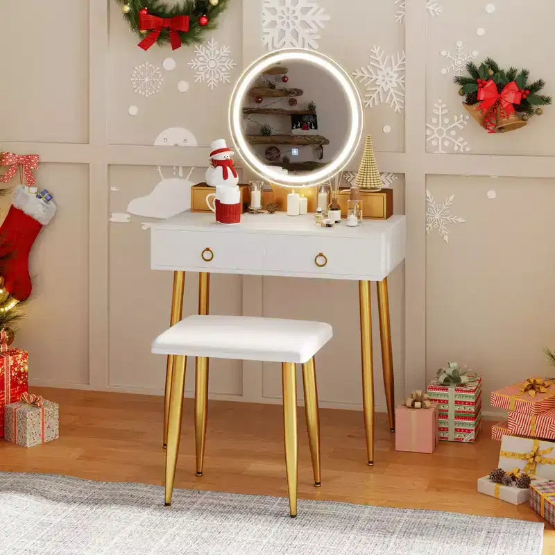 Costway Toeletta Trucco Sgabello Set Specchio Illuminato a 3 Colori con Cassetti Grigio/Bianco