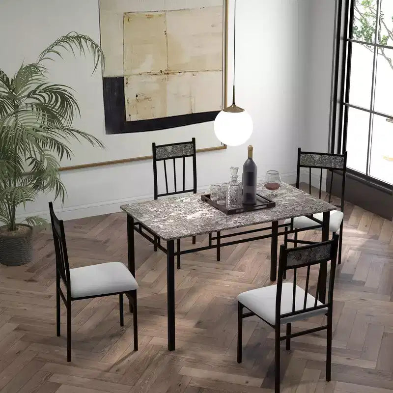 Costway Set da Pranzo 5 Pezzi con Tavolo in Finto Marmo Top 76cm e 4 Sedie Imbottite con Gambe in Metallo