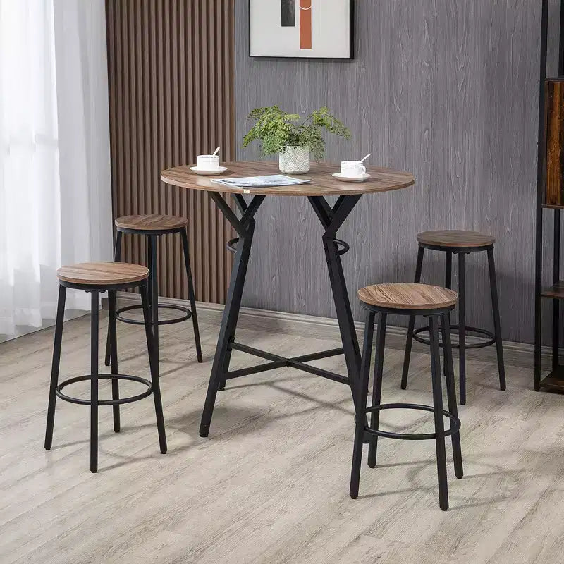 HOMCOM Set Tavolo da Bar Industriale a 5 Pezzi con Sedie, Tavolo da Pranzo Salvaspazio con 4 Sgabelli per Pub e Cucina, Marrone