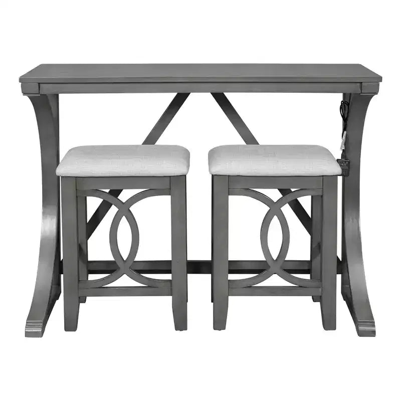 Set da Pranzo 3 Pezzi Stile Fattoria Altezza Bancone con Porta USB e Sgabelli Imbottiti-ModernLuxe