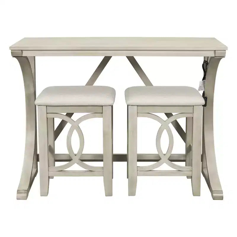 Set da Pranzo 3 Pezzi Stile Fattoria Altezza Bancone con Porta USB e Sgabelli Imbottiti-ModernLuxe