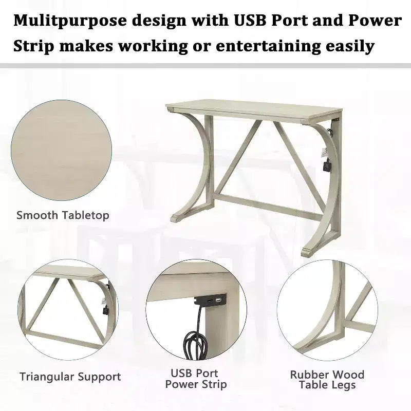 Set da Pranzo 3 Pezzi Stile Fattoria Altezza Bancone con Porta USB e Sgabelli Imbottiti-ModernLuxe