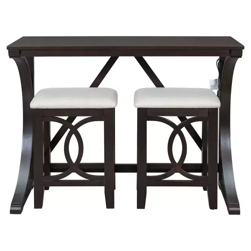 Set da Pranzo 3 Pezzi Stile Fattoria Altezza Bancone con Porta USB e Sgabelli Imbottiti-ModernLuxe