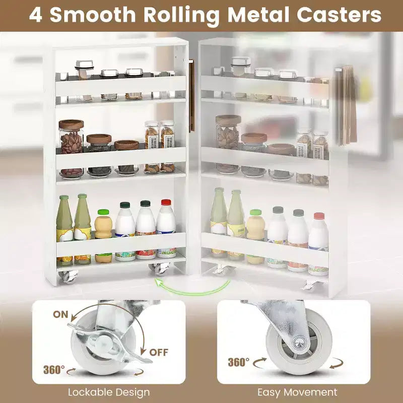 Carrello Portaoggetti Slim a 4 Ripiani con Mensole Aperte Carrello da Cucina con Ruote Stretto Nero/Grigio/Bianco