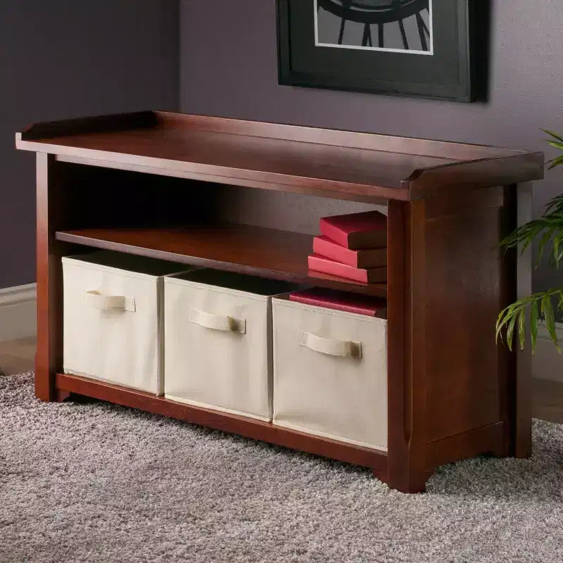 Verona Storage Bench with 3 Foldable Color Fabric Baskets - Walnut - Winsome