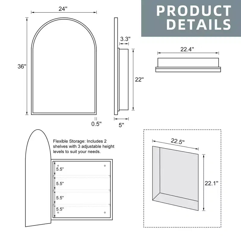 Dovelina Armadietto Porta Medicinali Moderno ad Arco con Specchio, Specchio da Bagno con Cornice in Metallo e Contenitore - 36x24