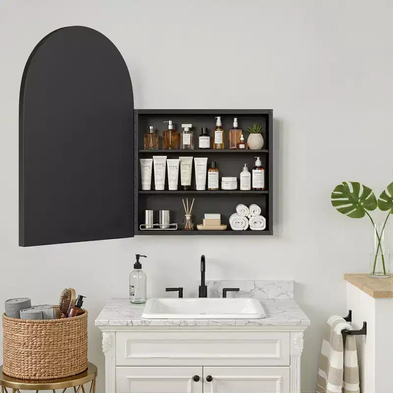 Dovelina Armadietto Porta Medicinali Moderno ad Arco con Specchio, Specchio da Bagno con Cornice in Metallo e Contenitore - 36x24
