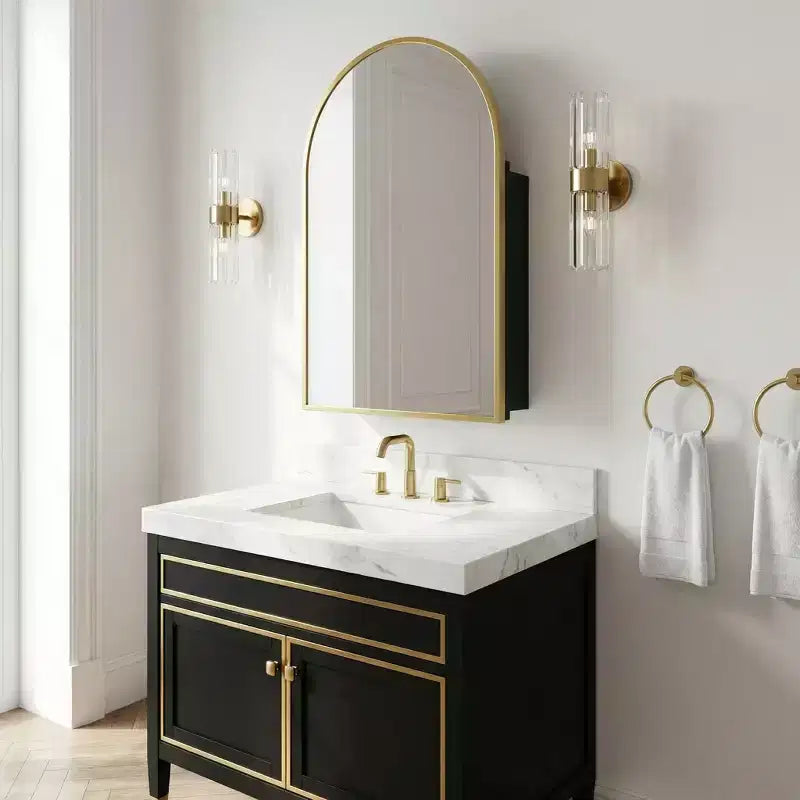 Dovelina Armadietto Porta Medicinali Moderno ad Arco con Specchio, Specchio da Bagno con Cornice in Metallo e Contenitore - 36x24