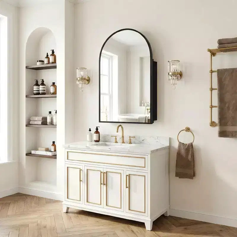Dovelina Armadietto Porta Medicinali Moderno ad Arco con Specchio, Specchio da Bagno con Cornice in Metallo e Contenitore - 36x24