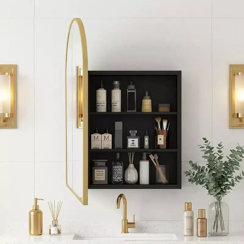 Dovelina Armadietto Porta Medicinali Moderno ad Arco con Specchio, Specchio da Bagno con Cornice in Metallo e Contenitore - 36x24