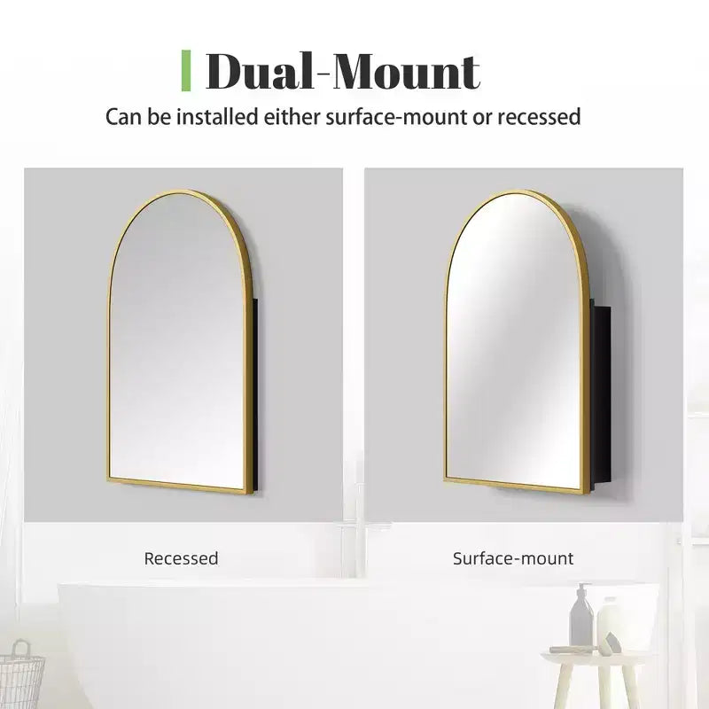 Dovelina Armadietto Porta Medicinali Moderno ad Arco con Specchio, Specchio da Bagno con Cornice in Metallo e Contenitore - 36x24