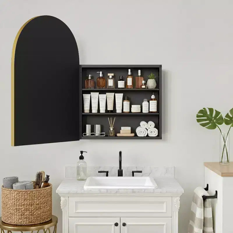 Dovelina Armadietto Porta Medicinali Moderno ad Arco con Specchio, Specchio da Bagno con Cornice in Metallo e Contenitore - 36x24