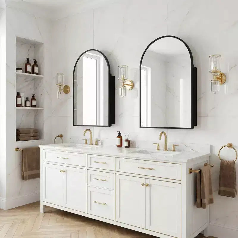 Dovelina Armadietto Porta Medicinali Moderno ad Arco con Specchio, Specchio da Bagno con Cornice in Metallo e Contenitore - 36x24