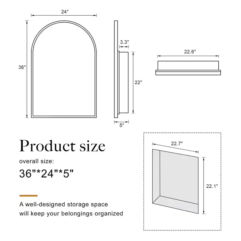 Dovelina Modern Arched Medicine Cabinet With Mirror Metal Framed Bathroom Mirror With Storage - 36x24