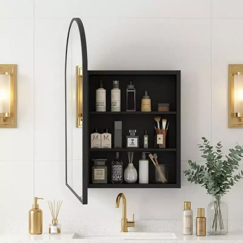 Dovelina Armadietto Porta Medicinali Moderno ad Arco con Specchio, Specchio da Bagno con Cornice in Metallo e Contenitore - 36x24