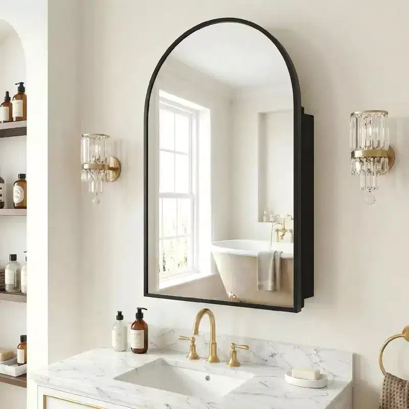 Dovelina Modern Arched Medicine Cabinet With Mirror Metal Framed Bathroom Mirror With Storage - 36x24
