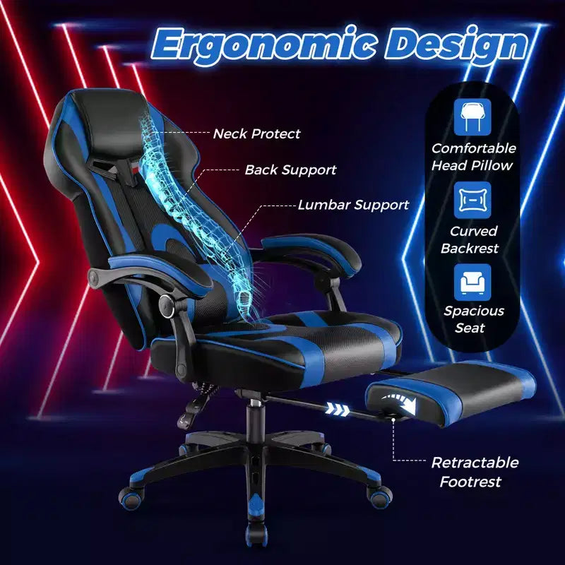 Sedia E-Sports Regolabile da Corsa con Poggiatesta Imbottito e Supporto Lombare Blu/Nero/Grigio/Rosso