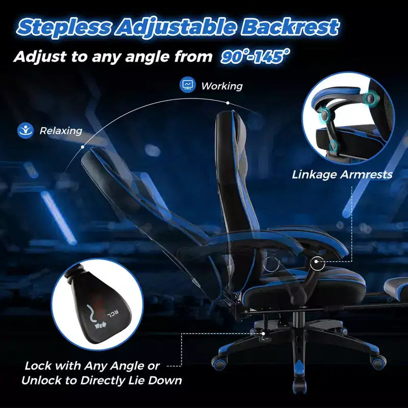 Sedia E-Sports Regolabile da Corsa con Poggiatesta Imbottito e Supporto Lombare Blu/Nero/Grigio/Rosso