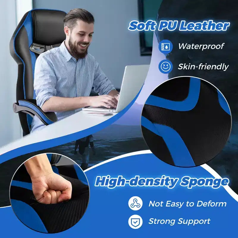 Sedia E-Sports Regolabile da Corsa con Poggiatesta Imbottito e Supporto Lombare Blu/Nero/Grigio/Rosso