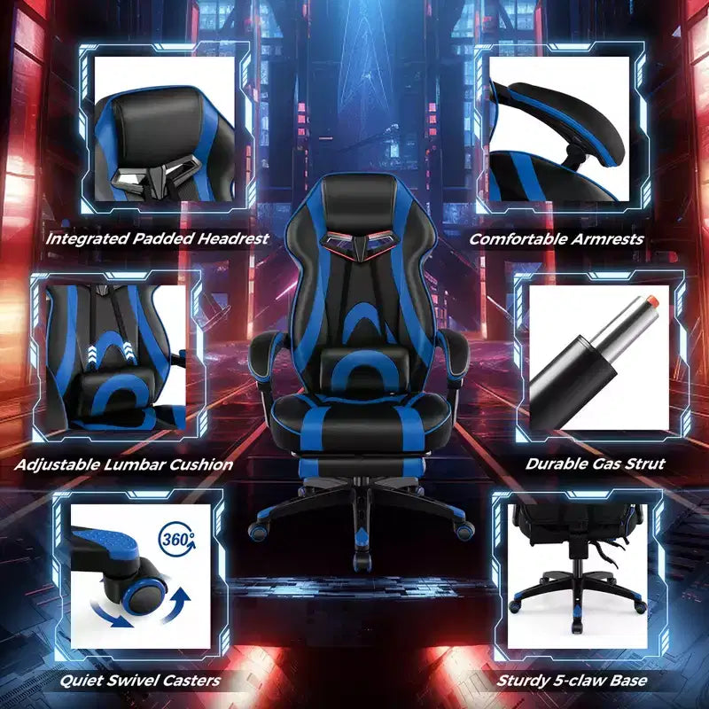 Sedia E-Sports Regolabile da Corsa con Poggiatesta Imbottito e Supporto Lombare Blu/Nero/Grigio/Rosso
