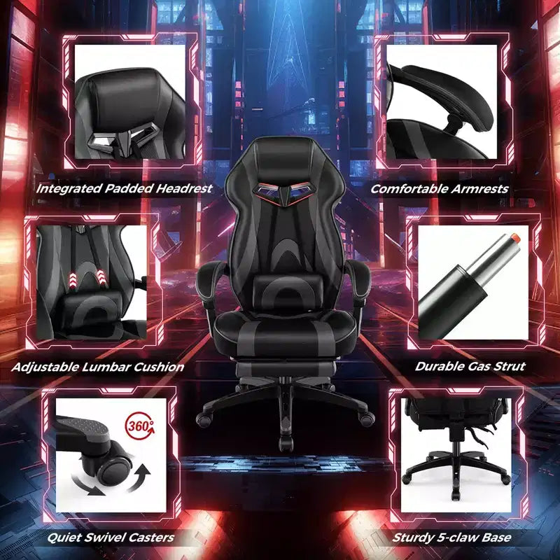 Sedia E-Sports Regolabile da Corsa con Poggiatesta Imbottito e Supporto Lombare Blu/Nero/Grigio/Rosso