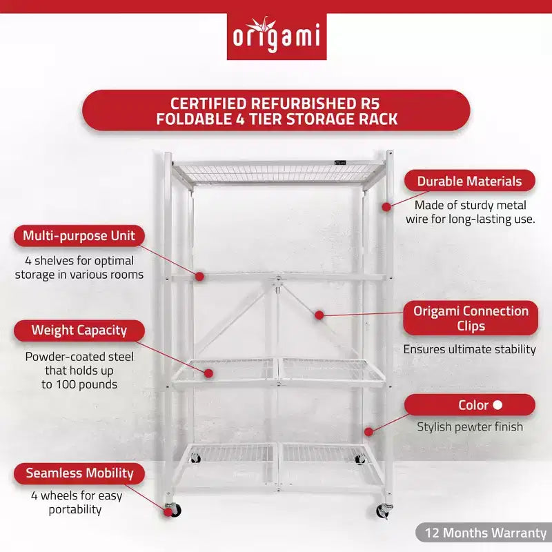 Scaffale a 4 ripiani pieghevole in metallo R5 con ruote, capacità di 450 kg per cucina, garage o giardino, bianco, certificato ricondizionato