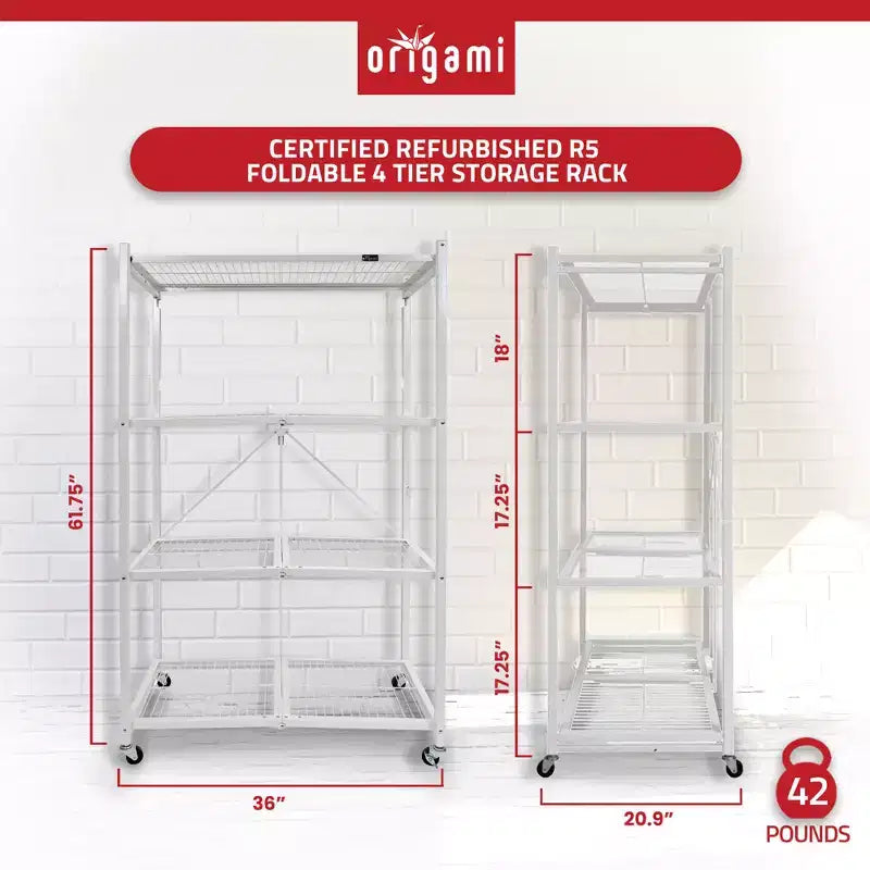 R5 4 Tier Foldable Metal Storage Rack with Wheels, 1,000 Pound Capacity for Kitchen, Garage, or Garden Storage, White, Certified Refurbished