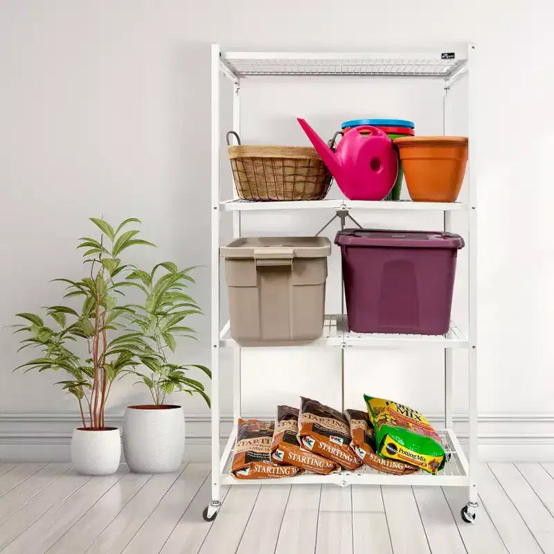R5 4 Tier Foldable Metal Storage Rack with Wheels, 1,000 Pound Capacity for Kitchen, Garage, or Garden Storage, White, Certified Refurbished