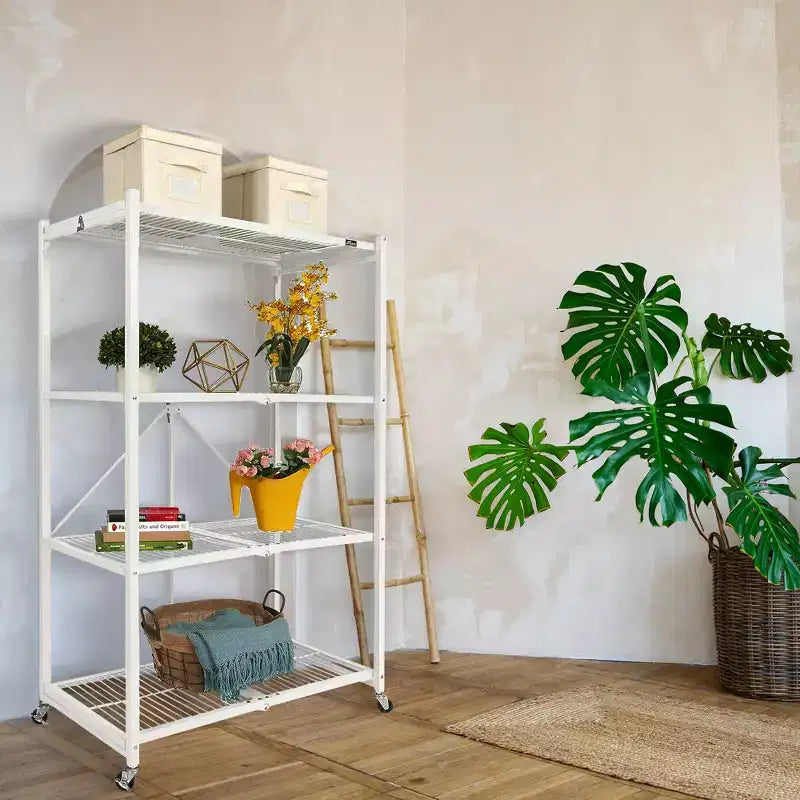 R5 4 Tier Foldable Metal Storage Rack with Wheels, 1,000 Pound Capacity for Kitchen, Garage, or Garden Storage, White, Certified Refurbished