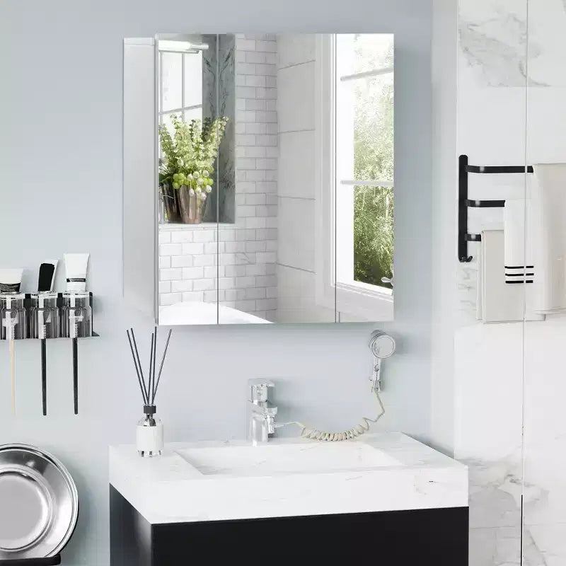 Armadietto dei medicinali, Specchio da bagno con armadietto contenitore e ripiani regolabili, Specchio da bagno a parete, Bianco