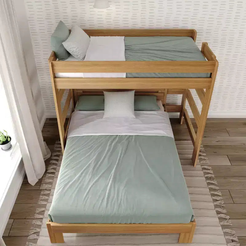 Letto a castello a L in legno massello stile rustico, una piazza e mezza su una piazza e mezza, per adulti