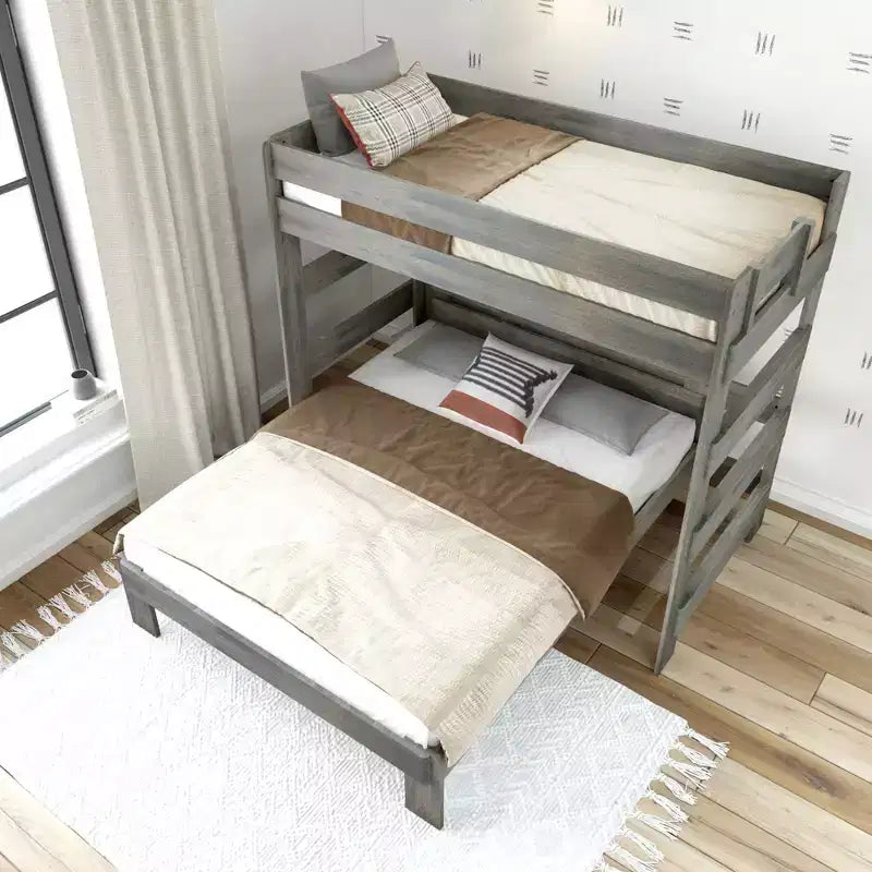 Letto a castello a L in legno massello stile rustico, una piazza e mezza su una piazza e mezza, per adulti