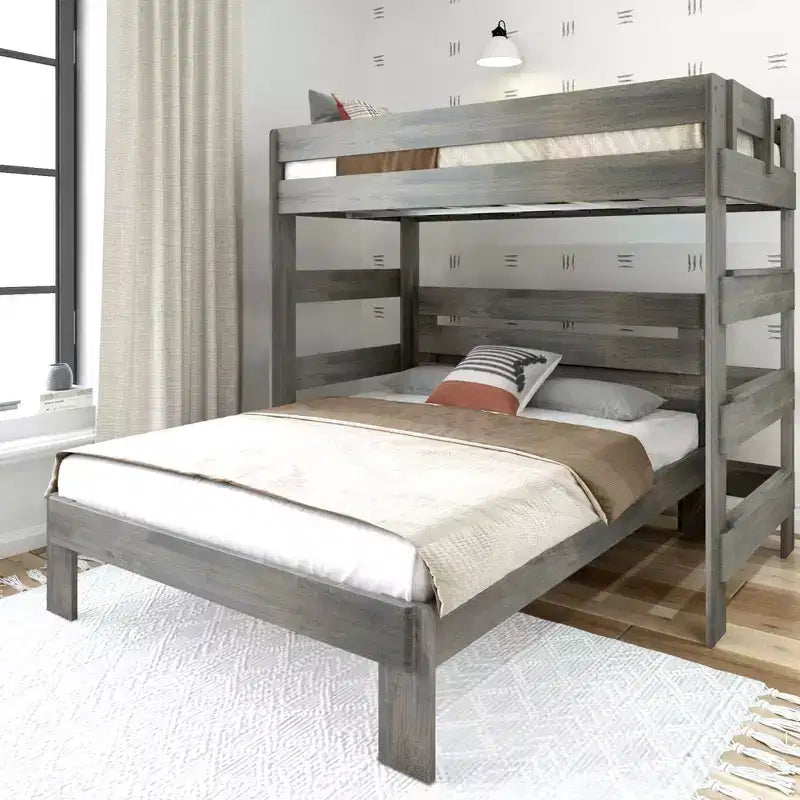 Solid Wood Farmhouse Twin over Queen L-Shaped Bunk Bed Bed for Adults