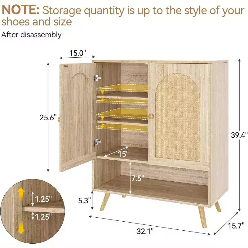 Scarpiera in Rattan con Ante, Scarpiera a 4 Ripiani per Ingresso, Armadietto Scarpiera Organizzatore con Ante in Rattan Intrecciato e Ripiani Regolabili
