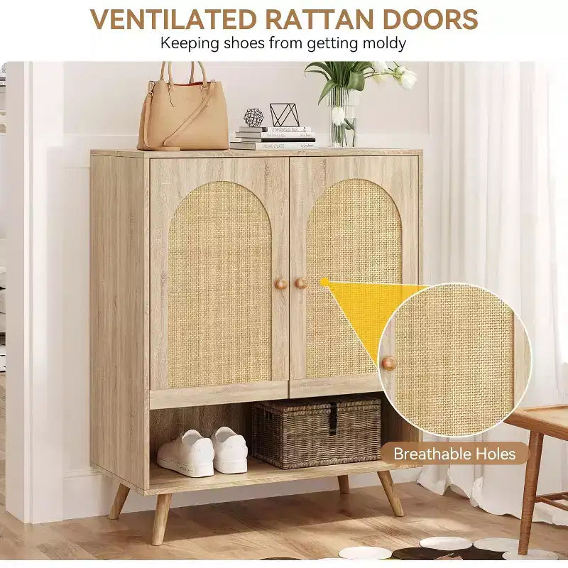 Scarpiera in Rattan con Ante, Scarpiera a 4 Ripiani per Ingresso, Armadietto Scarpiera Organizzatore con Ante in Rattan Intrecciato e Ripiani Regolabili