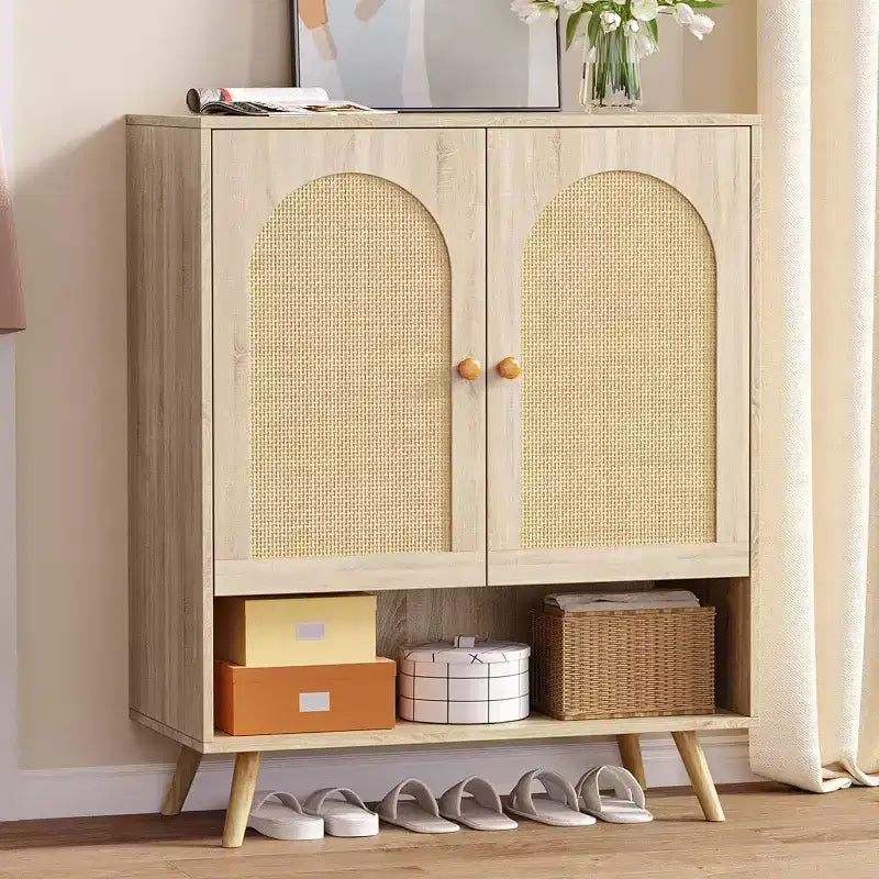 Scarpiera in Rattan con Ante, Scarpiera a 4 Ripiani per Ingresso, Armadietto Scarpiera Organizzatore con Ante in Rattan Intrecciato e Ripiani Regolabili