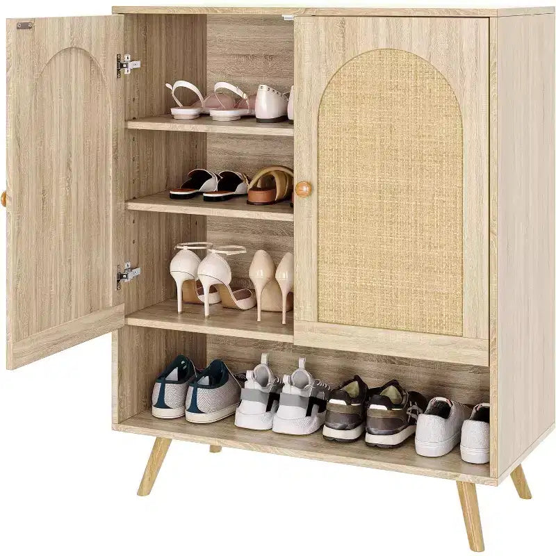 Scarpiera in Rattan con Ante, Scarpiera a 4 Ripiani per Ingresso, Armadietto Scarpiera Organizzatore con Ante in Rattan Intrecciato e Ripiani Regolabili