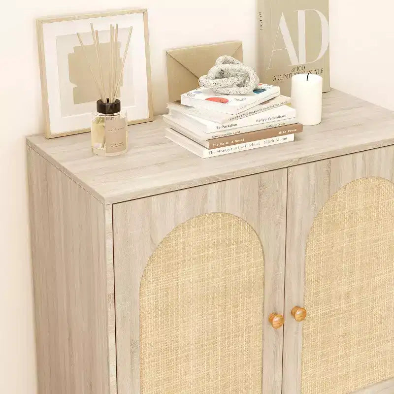 Scarpiera in Rattan con Ante, Scarpiera a 4 Ripiani per Ingresso, Armadietto Scarpiera Organizzatore con Ante in Rattan Intrecciato e Ripiani Regolabili