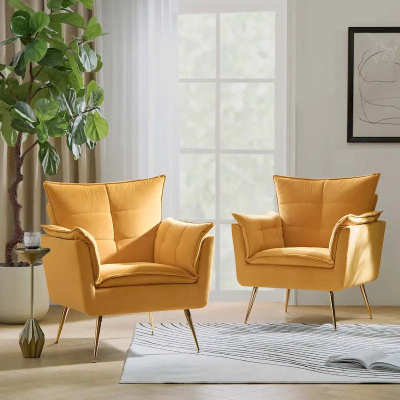 1ida Poltrona moderna accentata in velluto trapuntato con gambe in metallo dorato Set da 2 di HULALA HOME