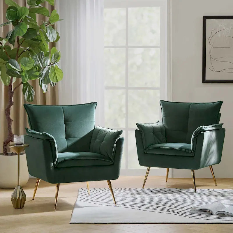1ida Poltrona moderna accentata in velluto trapuntato con gambe in metallo dorato Set da 2 di HULALA HOME