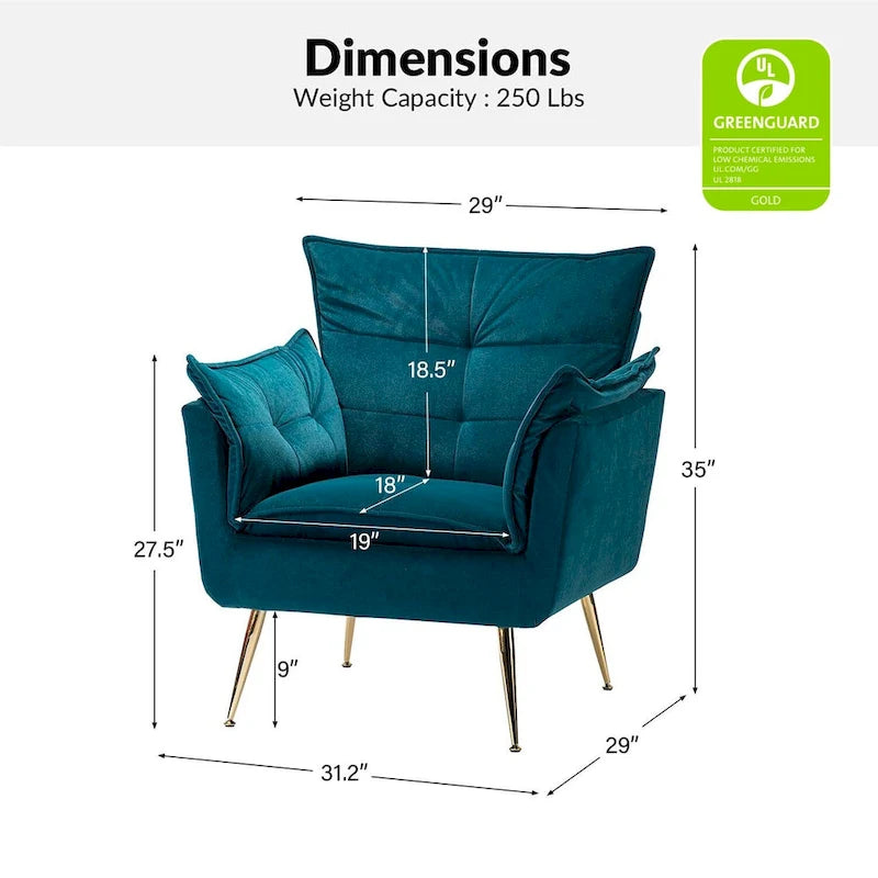 1ida Poltrona moderna accentata in velluto trapuntato con gambe in metallo dorato Set da 2 di HULALA HOME