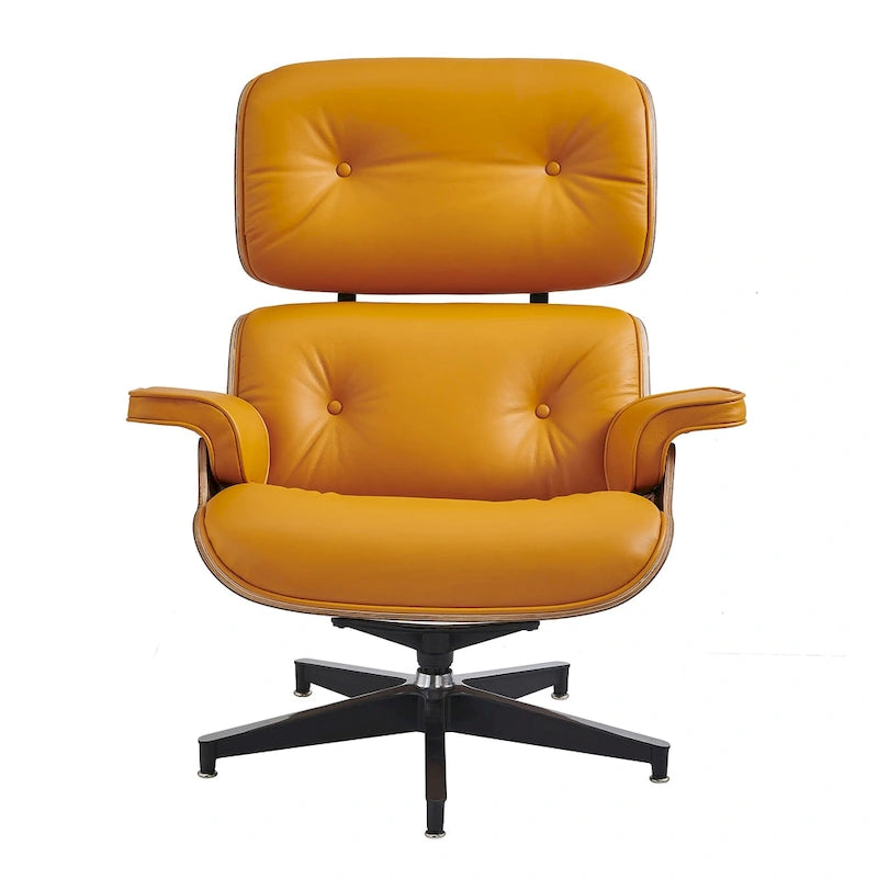 Set poltrona con pouf in vera pelle moderno metà secolo