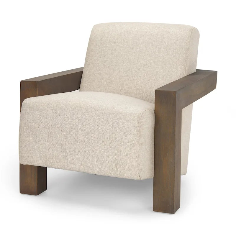Poltrona decorativa Sovereign in tessuto beige con struttura in legno massello marrone scuro