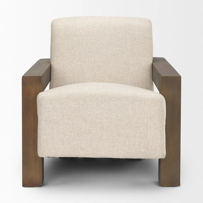 Poltrona decorativa Sovereign in tessuto beige con struttura in legno massello marrone scuro